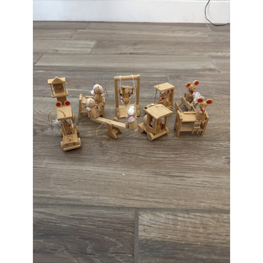 Lot Of 9 Vintage Handmade Wooden Ornaments Pat Harris Girl Mouse Made In Taiwan